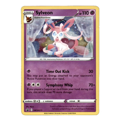 A single Pokémon trading card for Sylveon, shown against a plain white background. The card has a purple and gold design with artwork of the character in a snowy scene.