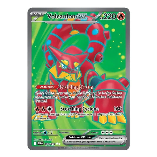 A single Pokémon trading card for Volcanion EX, shown flat against a plain white background. The card features a green and red illustration of Volcanion with the card's text and game info visible.