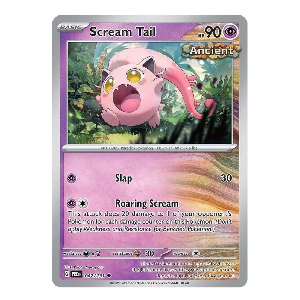 A single Pokémon trading card for Scream Tail, shown flat against a plain white background. The card has a silver border, a pink and purple layout, and artwork of a pink creature in a jungle scene.