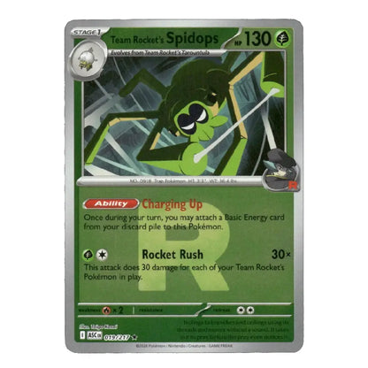 A single Pokémon trading card featuring Team Rocket's Spidops, with a green and gray card frame, character art, and text including 'Team Rocket's Spidops', 'NP 130', and 'Rocket Rush'.