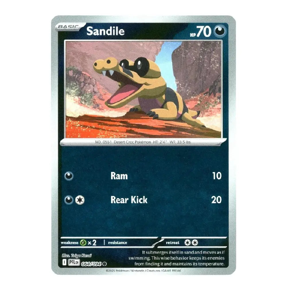 A single Pokémon trading card for Sandile from the 2025 Evolving Skies TCG R1 set, featuring a silver border, dark blue text boxes, and artwork of the Sandile character in the center.