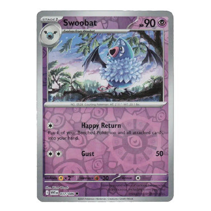 A single Pokémon trading card for Swoobat, shown flat against a plain white background. The card has a purple and pink patterned border, a central artwork panel with Swoobat flying among trees, and text including 'Stage 1', 'HP 90', and 'Happy Return'.