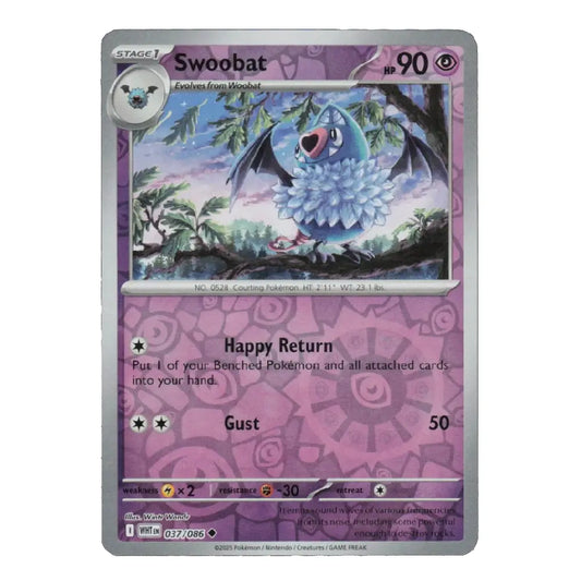 A single Pokémon trading card for Swoobat, shown flat against a plain white background. The card has a purple and pink patterned border, a central artwork panel with Swoobat flying among trees, and text including 'Stage 1', 'HP 90', and 'Happy Return'.