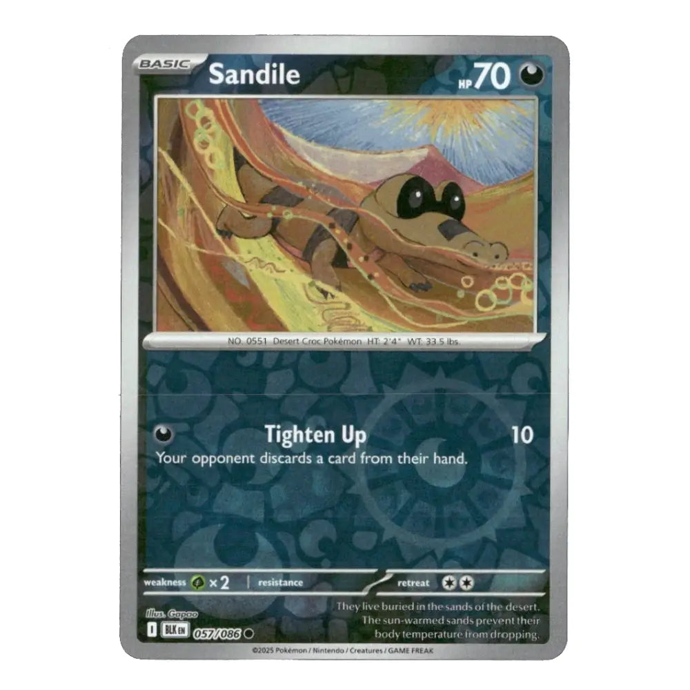 A single Pokémon trading card for Sandile from the Basic set, shown against a plain white background. The card features artwork of a sandworm under a blue sky and has a dark blue patterned lower half with the text 'Tighten Up' and a level 10 icon.