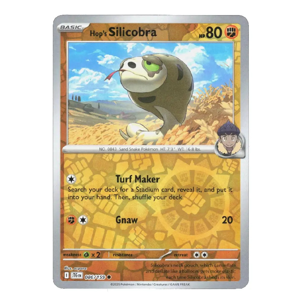 A single Pokémon trading card for Hop Silicobra from the Basic set, featuring artwork of the creature in a desert landscape and the card text 'Turf Maker' and 'Gnaw'.