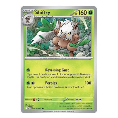 A single Pokémon trading card for Shiftry, shown against a plain white background. The card features a green and yellow-green design with artwork of the character in a forest and text detailing its abilities.
