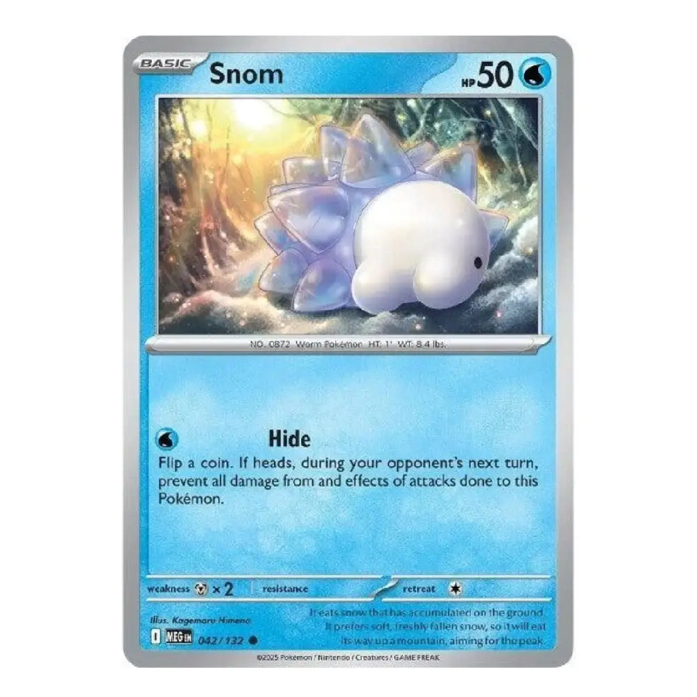 A single Pokémon trading card for Snom from the Basic set, shown against a plain white background. The card features a silver border, a blue gradient lower section, and artwork of a white, rounded creature with translucent blue spikes.