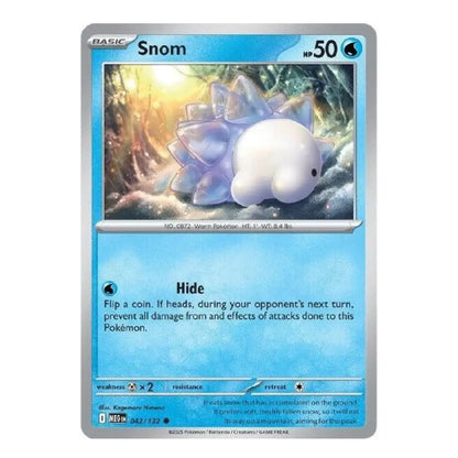 A single Pokémon trading card for Snom from the Basic set, shown against a plain white background. The card features a silver border, a blue gradient lower section, and artwork of a white, rounded creature with translucent blue spikes.