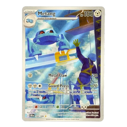 A single Pokémon trading card for Metang, shown against a plain white background. The card features artwork of a blue dragon-like creature and a guard character, with the name Metang at the top and card stats in the corners.