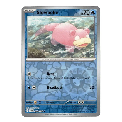 A single Pokémon trading card for Slowpoke from the Basic set, shown against a plain white background. The card features a blue patterned border, a central illustration of the pink Slowpoke swimming in water, and game text including 'Rest' and 'Headbutt'.