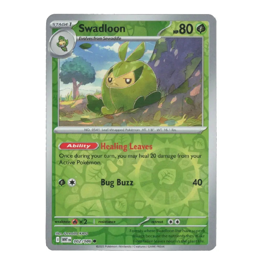 A single Pokémon trading card for Swadloon from the Eevee expansion, featuring a green card face with the Swadloon illustration and silver border on a white background.