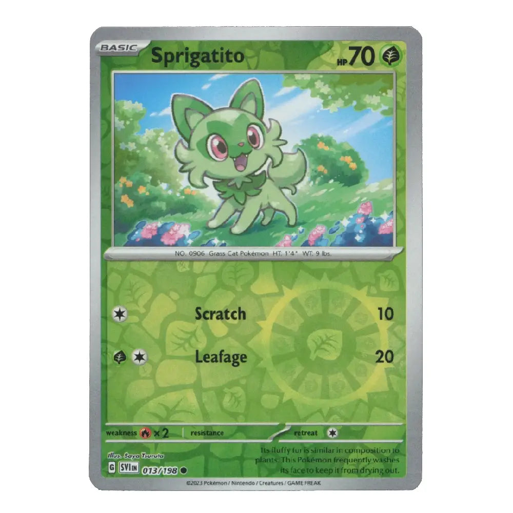 A single Pokémon trading card for Sprigatito from the Basic set, shown against a plain white background. The card features a green and silver border, artwork of the character in a grassy outdoor scene, and stats for Scratch and Leafage.