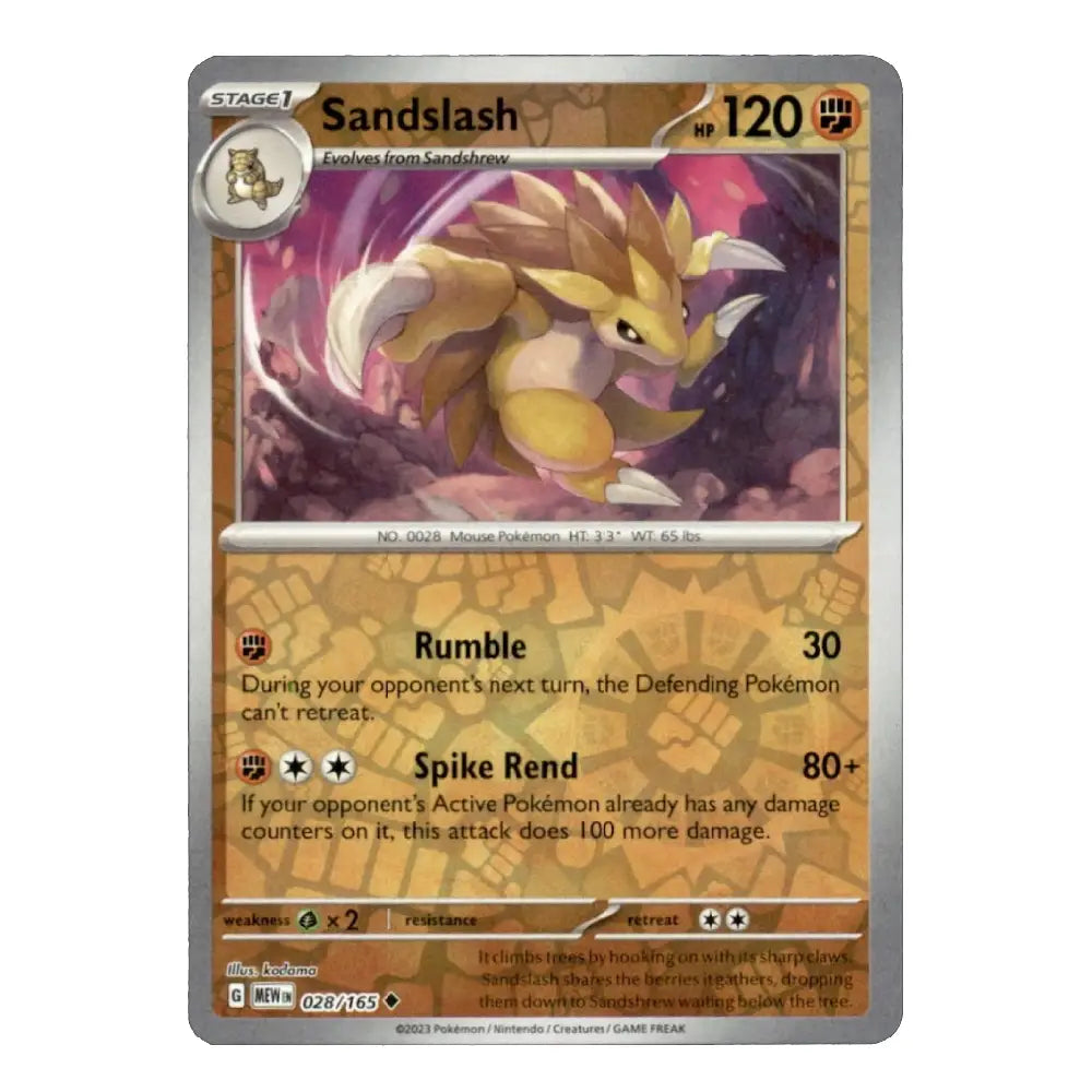Sandslash Uncommon 028/165 Scarlet & Violet 151 English Pokémon Reverse Holo Near Mint/Mint