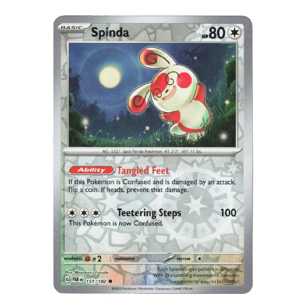 A single Pokémon trading card for Spinda, shown against a plain white background. The card has a silver border, the Pokémon logo in the top left, and artwork of a red-and-white rabbit under a moonlit sky in the center.