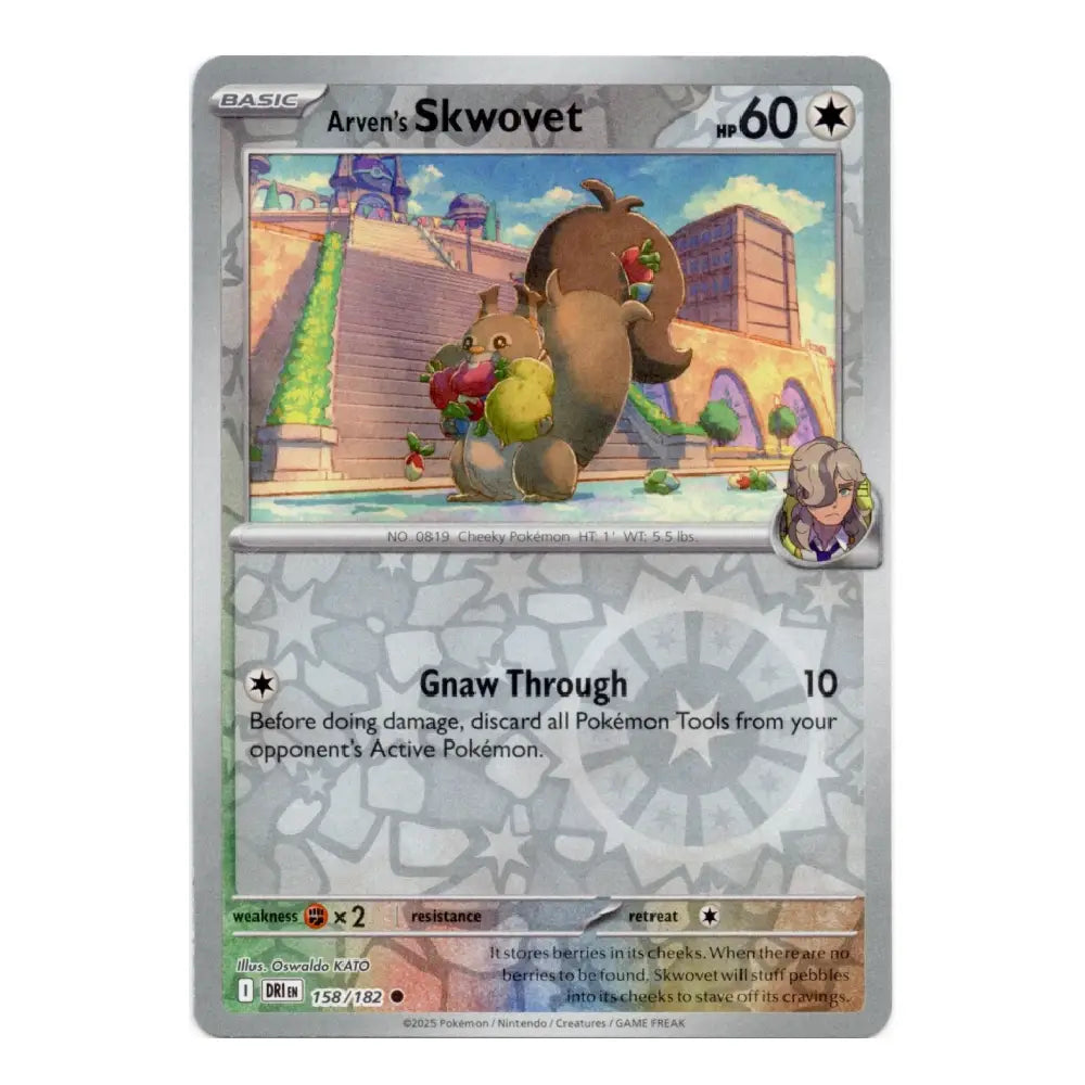 A holographic Pokémon trading card featuring Arven's Skwovet, a Level 60 Basic Pokémon card from the 2024 TCG Reveal Set.