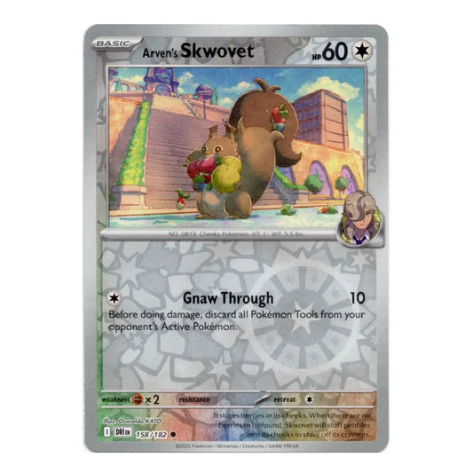A holographic Pokémon trading card featuring Arven's Skwovet, a Level 60 Basic Pokémon card from the 2024 TCG Reveal Set.