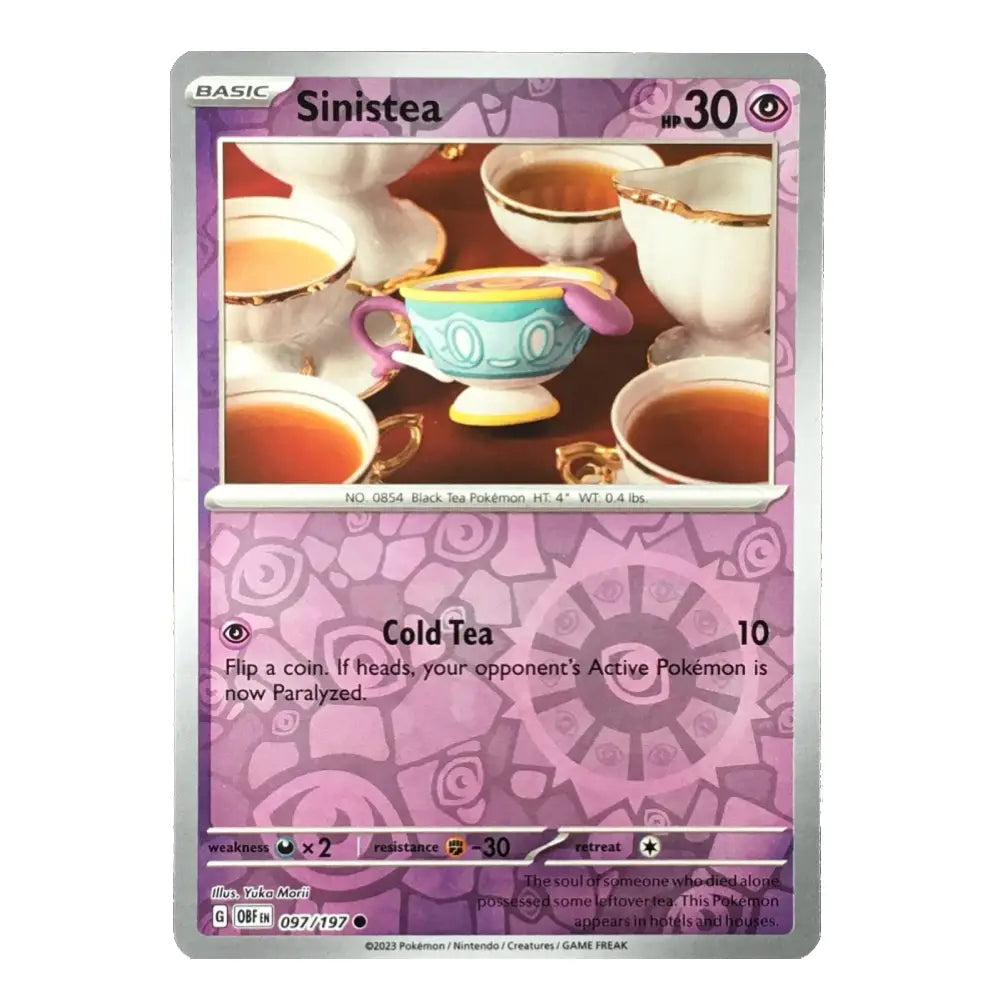 A single Pokémon trading card for Sinisteea, a Basic Level 30 Bug-type character, featuring a purple and pink patterned design with an illustration of a colorful teapot and cups of tea.