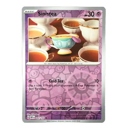 A single Pokémon trading card for Sinisteea, a Basic Level 30 Bug-type character, featuring a purple and pink patterned design with an illustration of a colorful teapot and cups of tea.