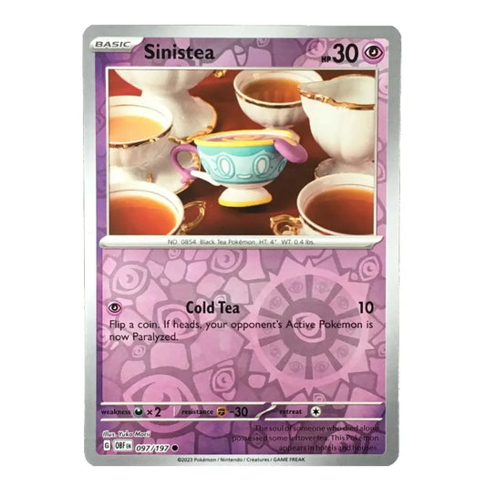 A single Pokémon trading card for Sinisteea, a Basic Level 30 Bug-type character, featuring a purple and pink patterned design with an illustration of a colorful teapot and cups of tea.