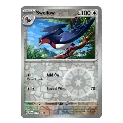 A single Pokémon trading card featuring the Swallow card from the Eevee expansion, with a gray border, bird artwork, and card text details on a white background.