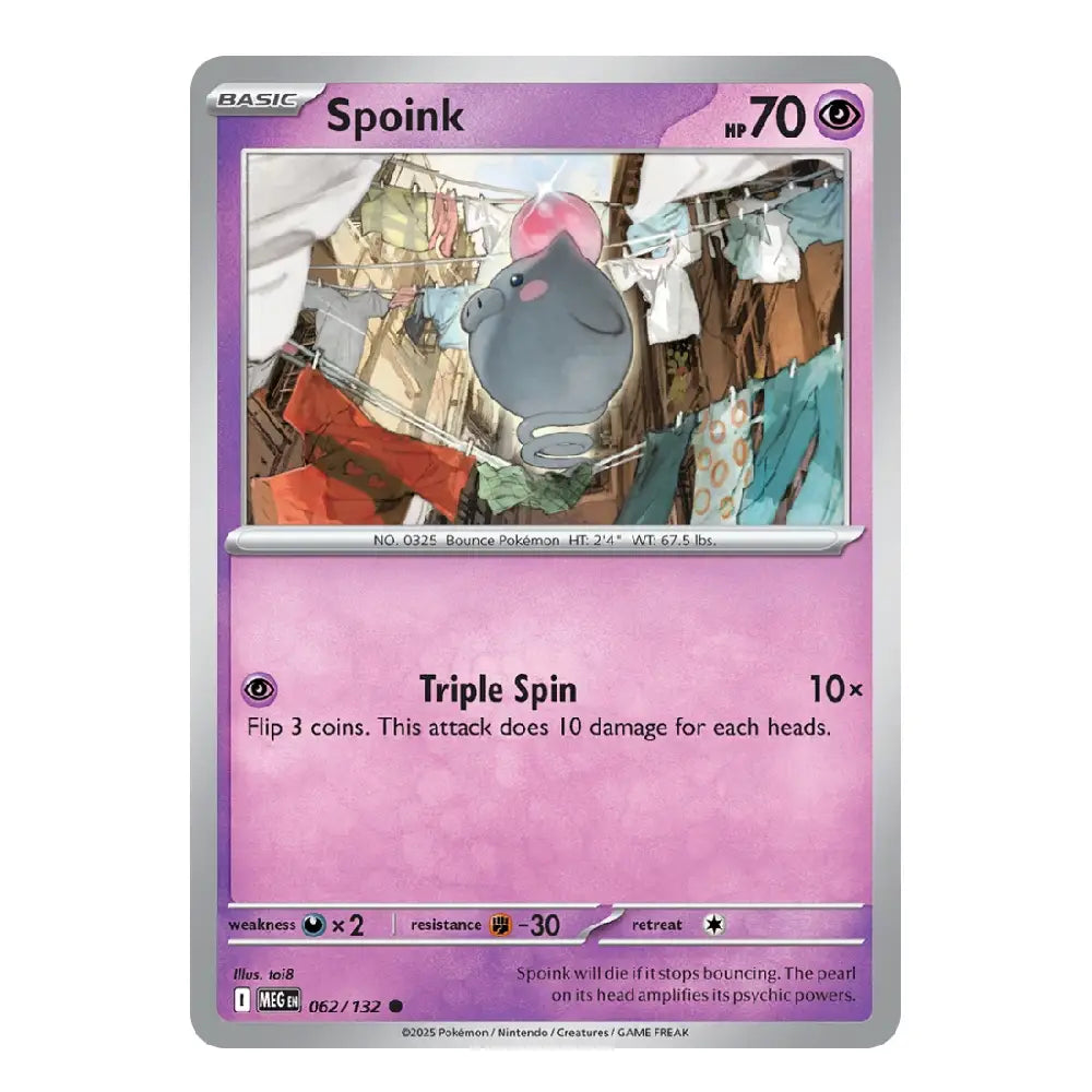 A single Pokémon trading card for Spookin', shown against a plain white background. The card has a silver border, a purple header, and a pink lower section with the character artwork in the center.