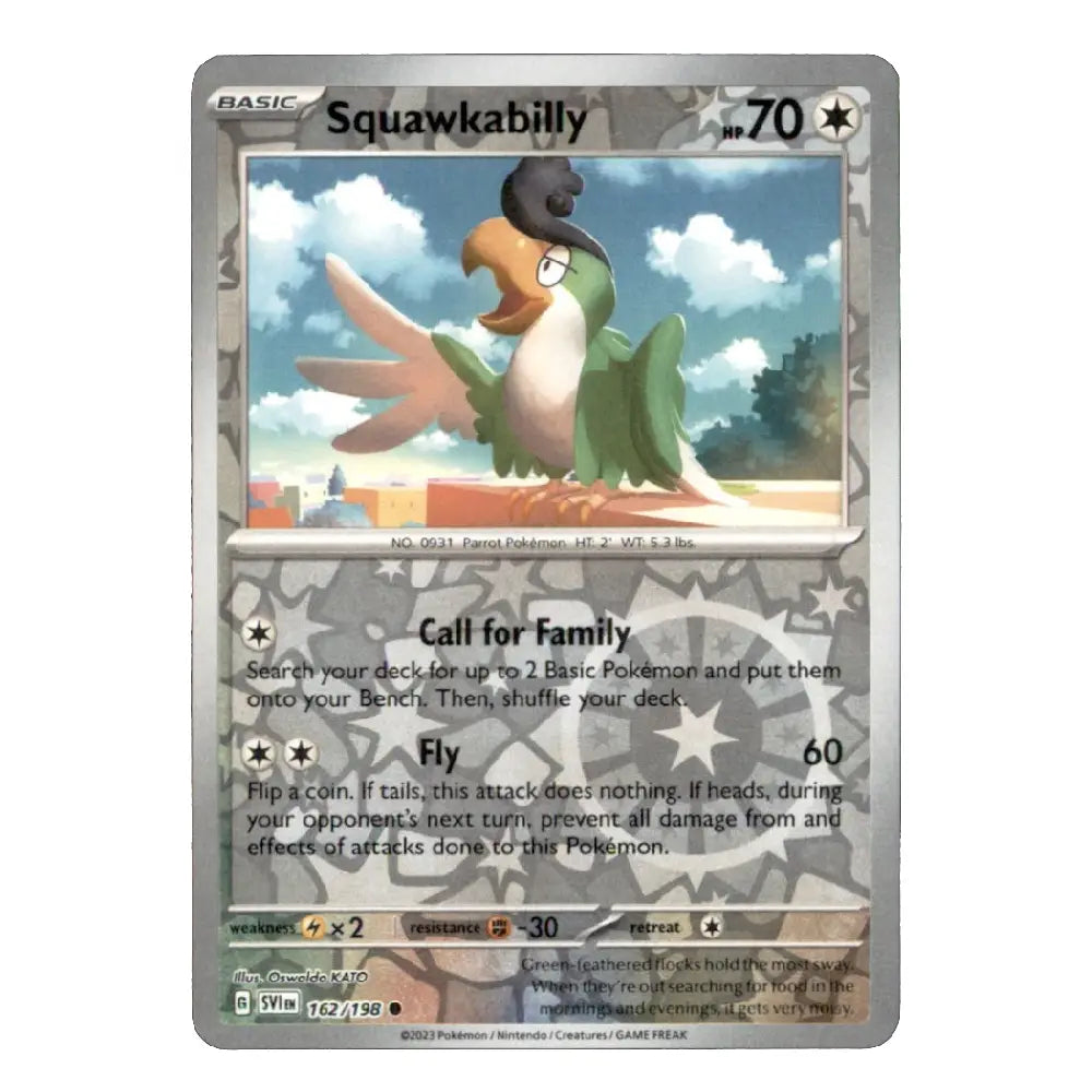A single Pokémon trading card for Squawkabilly from the Basic set, shown against a plain white background. The card features a silver-gray border, game text, and artwork of a green and white bird character flying against a blue sky.