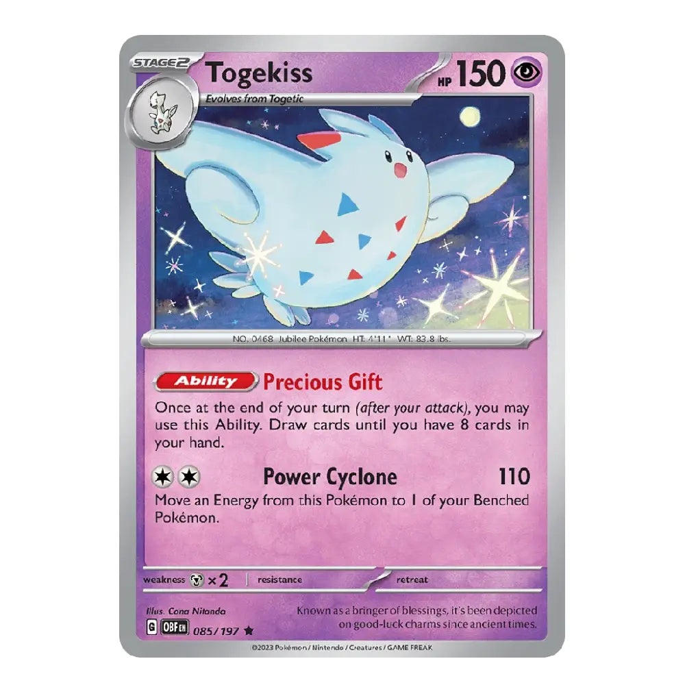 A single Pokémon trading card for Togekiss, shown straight-on against a plain white background. The card has a silver border, a purple header, pink lower text area, and artwork of a light blue bird-like creature on a starry night sky.