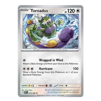 A single Pokémon trading card for Tornadus from the Basic set, shown against a plain white background. The card features artwork of a green tornado Pokémon with purple and yellow accents, and the text details its wind-based attacks.