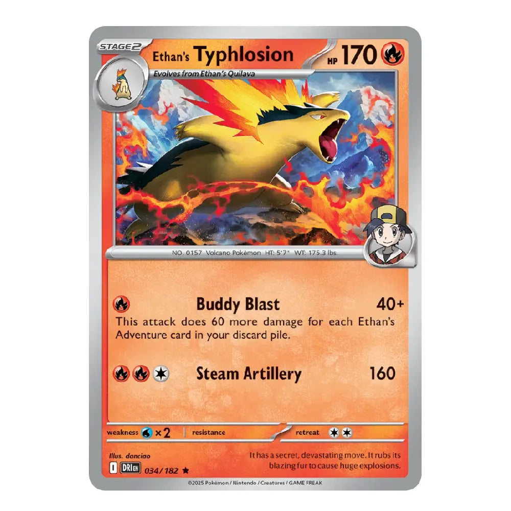 A single Pokémon trading card for Ethan's Typhlosion from the Eevee Evolve! expansion, shown against a plain white background. The card features a silver border, orange text boxes, and artwork of a yellow and orange fire-breathing bird.