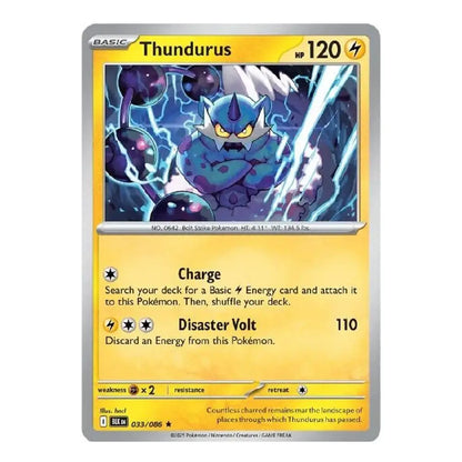 A single Pokémon trading card for Thundurus from the Basic set, shown against a plain white background. The card features a yellow lower section with the name Thundurus and attack text, and artwork of a blue-purple electric Pokémon in the upper section.
