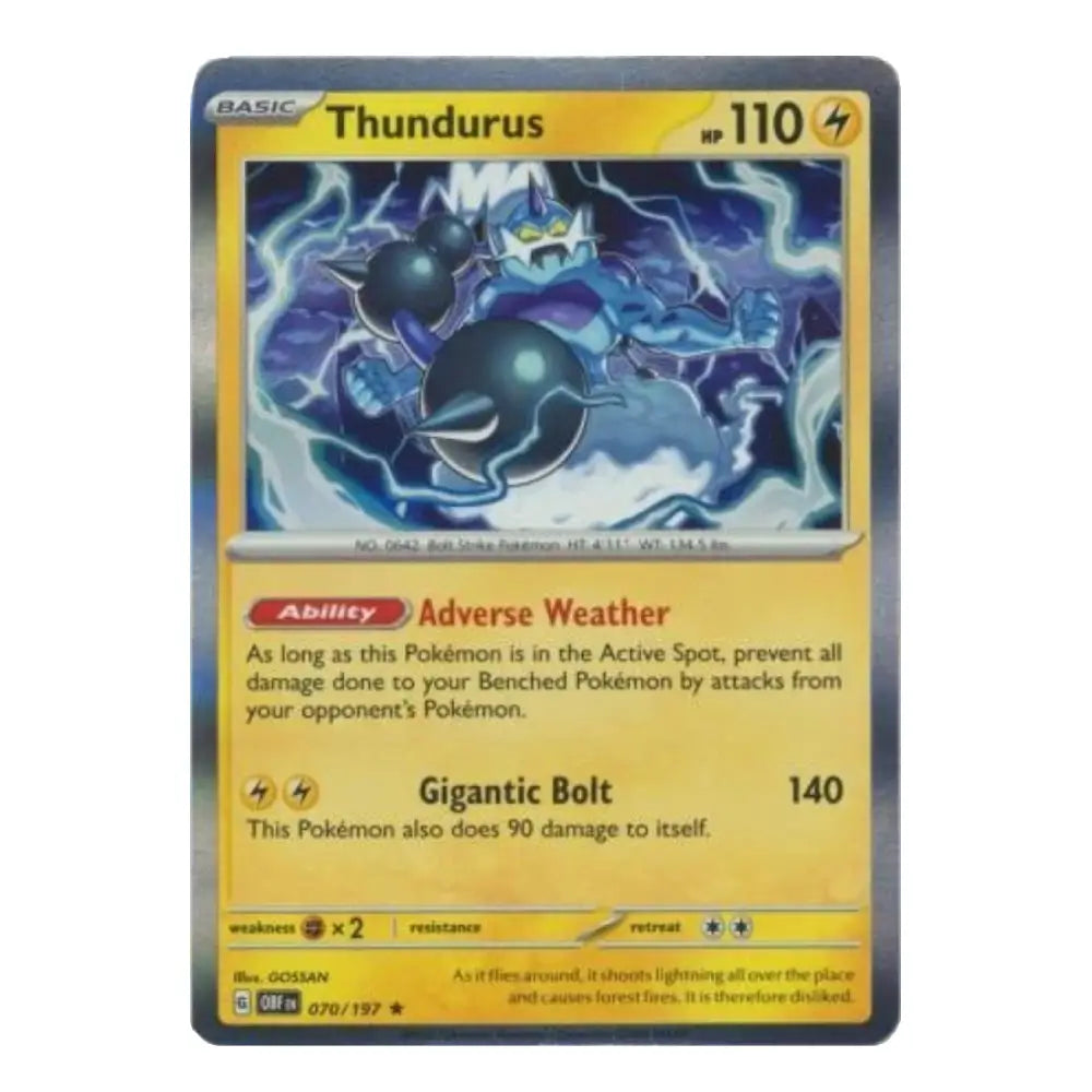 A single Pokémon trading card for Thundurus from the Basic set, shown against a plain white background. The card features blue artwork of the character in an electrical storm, with a yellow text box and black border.