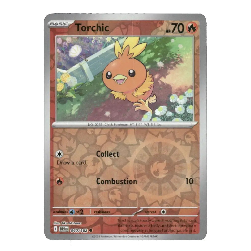 A single Pokémon trading card featuring the character Torchic from the Basic set, with a silver border and illustrated artwork of the bird in a garden.