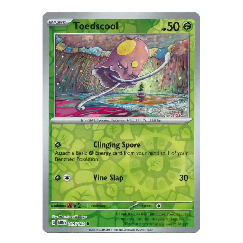 A single Pokémon trading card for Toedscool from the Basic set, shown against a plain white background. The card has a green and silver border with colorful artwork of a purple, round creature in a pond.