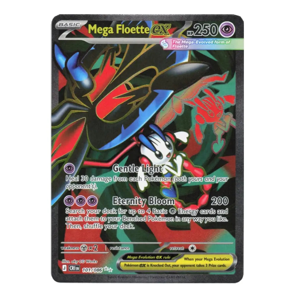 A single Pokémon trading card for Mega Floette EX from the Z-Tier, featuring artwork of Mega Floette with a red and black body against a green background. The card includes standard game text and a dark border.