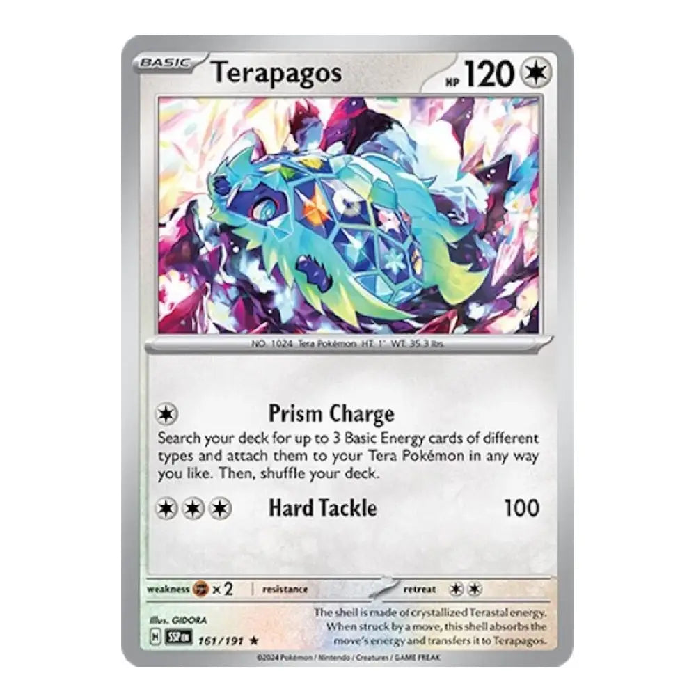 A single Pokémon trading card for Terapagos from the Silver Tempest expansion, featuring a silver border, colorful artwork of a blue-green armored creature, and printed text on a white background.