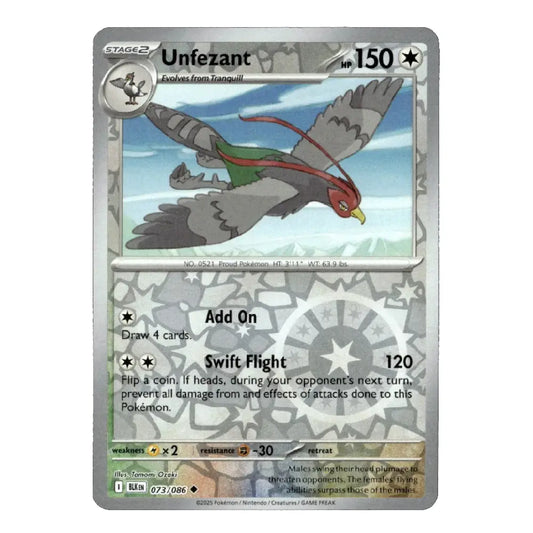 A Pokémon trading card for Unfezant from the Ho-Oh Expansion, featuring a silver foil border and detailed bird illustration with stats and card text.