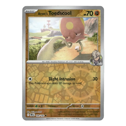 A single Pokémon trading card for Arven's Toedscool from the Wood Type Set, featuring a silver border, gold-toned text box, and colorful character artwork.