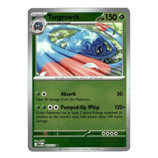 A single Pokémon trading card for Tangrowth, shown flat against a plain white background. The card has a green and gray border with artwork of a blue and red creature in the center and text detailing its absorb and pumped-up whip attacks.