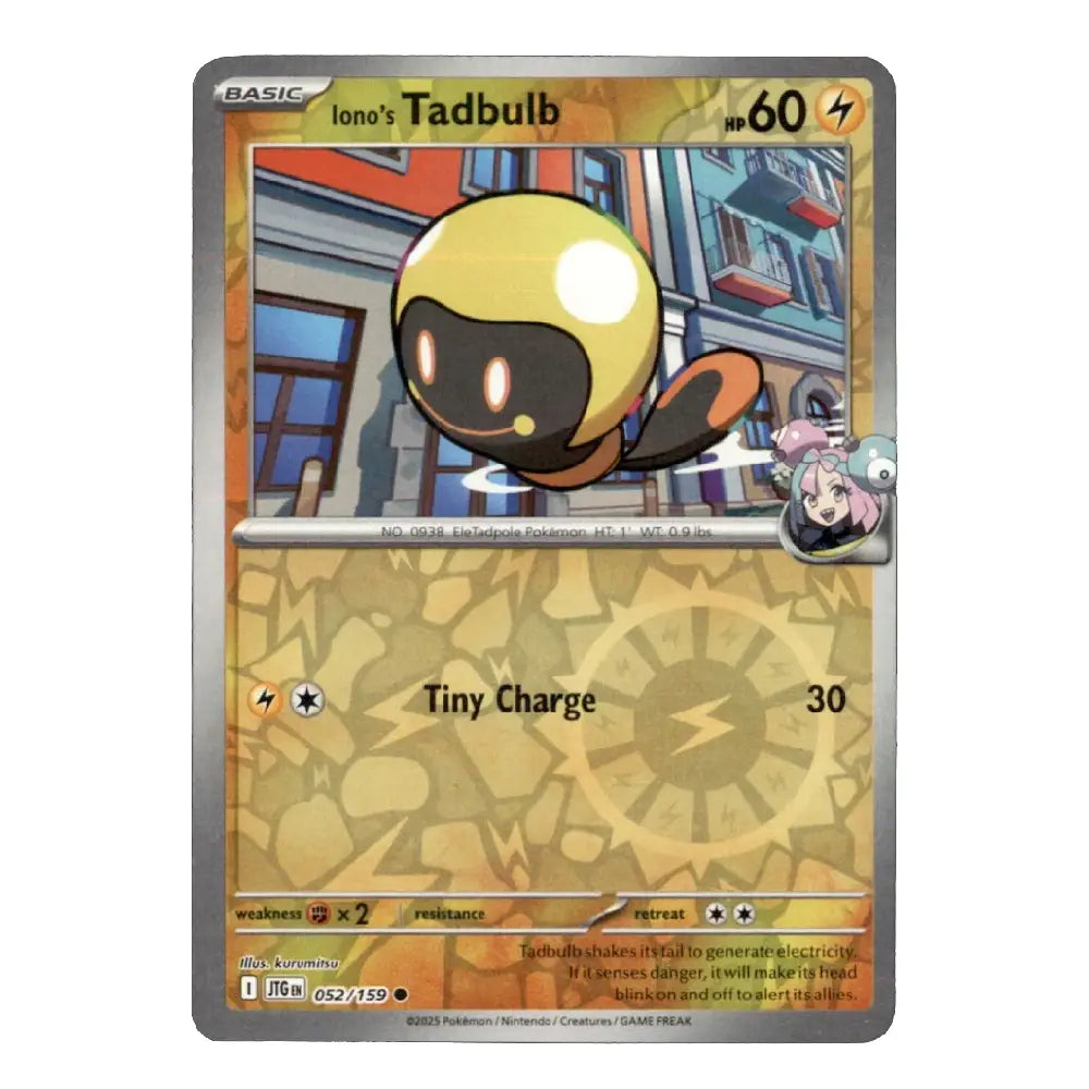 A single Pokémon trading card featuring Iono's Tadbulb from the Evolving Skies expansion. The card has a silver border, a yellow and black Tadbulb illustration, and game text including 'Tiny Charge' and a '30' health value.