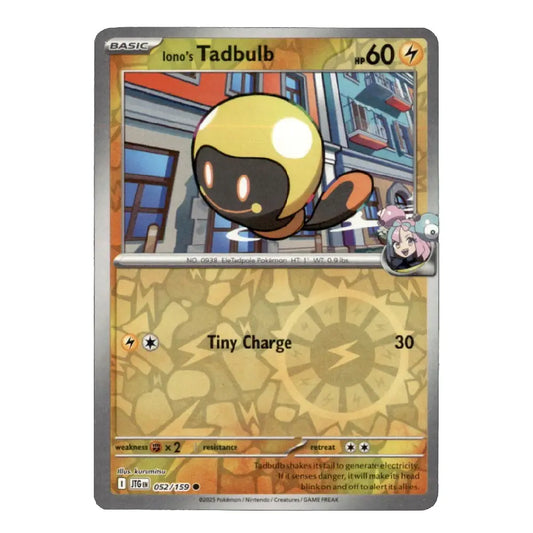 A single Pokémon trading card featuring Iono's Tadbulb from the Evolving Skies expansion. The card has a silver border, a yellow and black Tadbulb illustration, and game text including 'Tiny Charge' and a '30' health value.