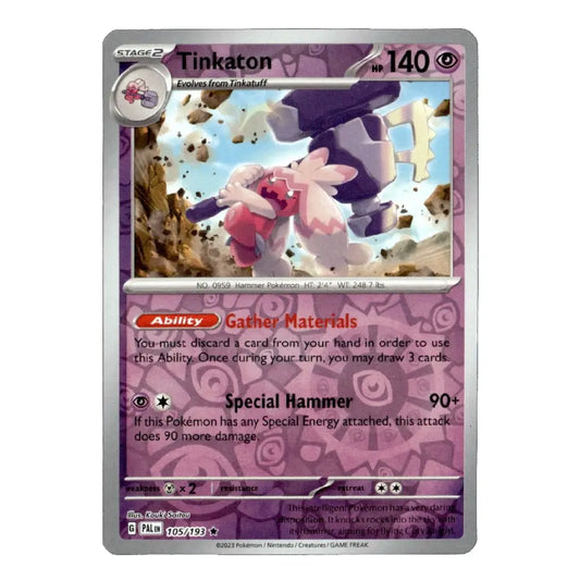 A single Pokémon trading card for Tinkaton, shown flat against a plain white background. The card has a silver border, purple and pink artwork, and visible text including 'Stage 2', 'Tinkaton', and 'No.