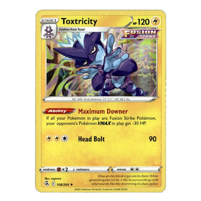 A single Pokémon trading card for Toxtricity from the Fusion Strike expansion, featuring a yellow border, blue and purple Toxtricity artwork, and game text details.
