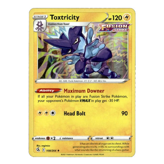 A single Pokémon trading card for Toxtricity from the Fusion Strike expansion, featuring a yellow border, blue and purple Toxtricity artwork, and game text details.