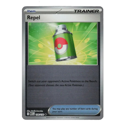 A single Pokémon trading card for the Repel item, shown against a plain white background. The card has a silver border, a green and yellow illustration of a can with a Pokéball logo, and black text including the title 'Repel' and 'TRAINER'.