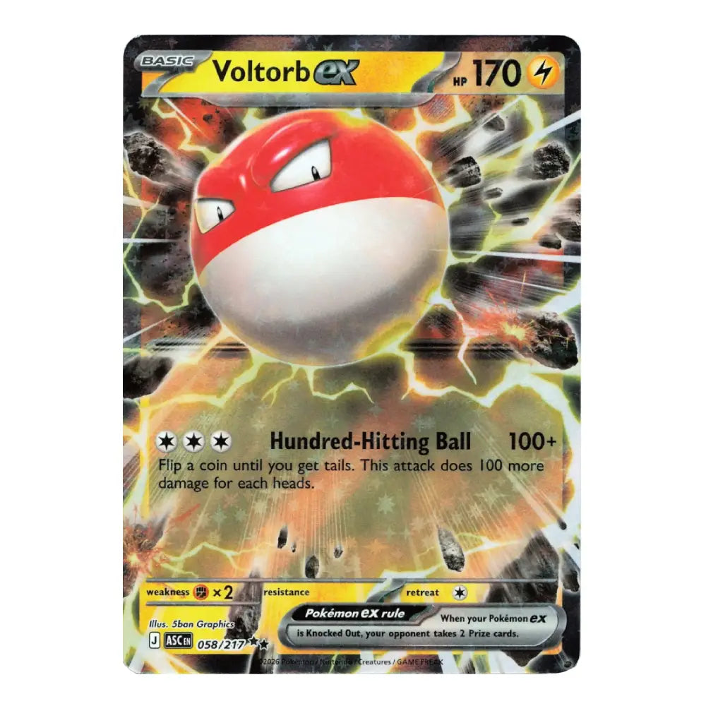 A single Pokémon trading card featuring Voltorb EX, a red-and-white electric egg creature, with fiery yellow and black energy effects in the background. The card includes Pokémon branding and attack text reading 'Hundred-Hitting Ball 100+'.