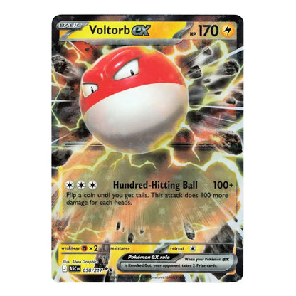 A single Pokémon trading card featuring Voltorb EX, a red-and-white electric egg creature, with fiery yellow and black energy effects in the background. The card includes Pokémon branding and attack text reading 'Hundred-Hitting Ball 100+'.