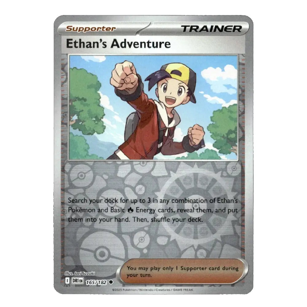 A Pokémon trading card titled "Ethan's Adventure" from the Supporter set, featuring an illustrated character in a yellow cap and red jacket against a blue sky with trees. The card has a silver-gray border and text boxes.