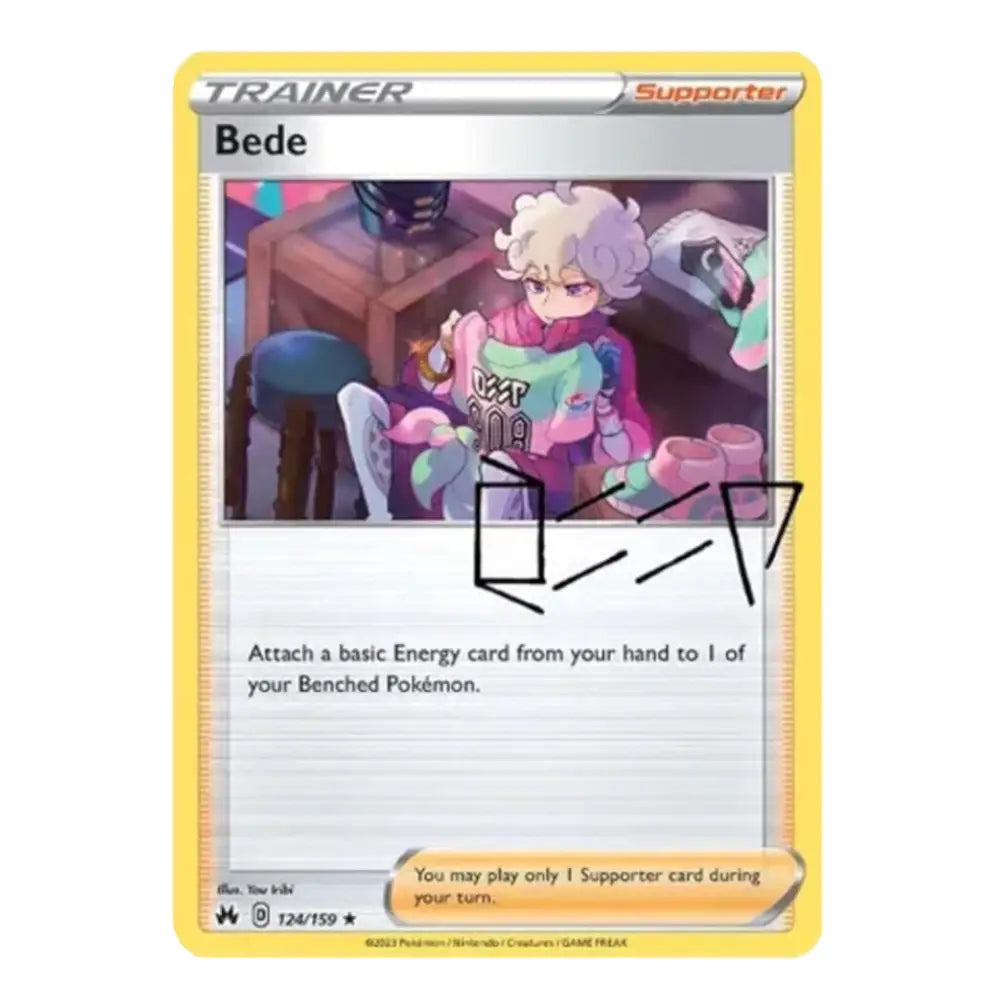 A Pokémon trading card for Bede, a Supporter Trainer card from the 2024 TCG Expansion Set. The card features a yellow border, a character illustration of Bede with white hair, and a black scribble drawn over the artwork.