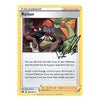 A single Pokémon trading card for Raihan, shown against a plain white background. The card has a yellow border, artwork of a trainer character, and a prominent black autograph printed across the lower-middle area.
