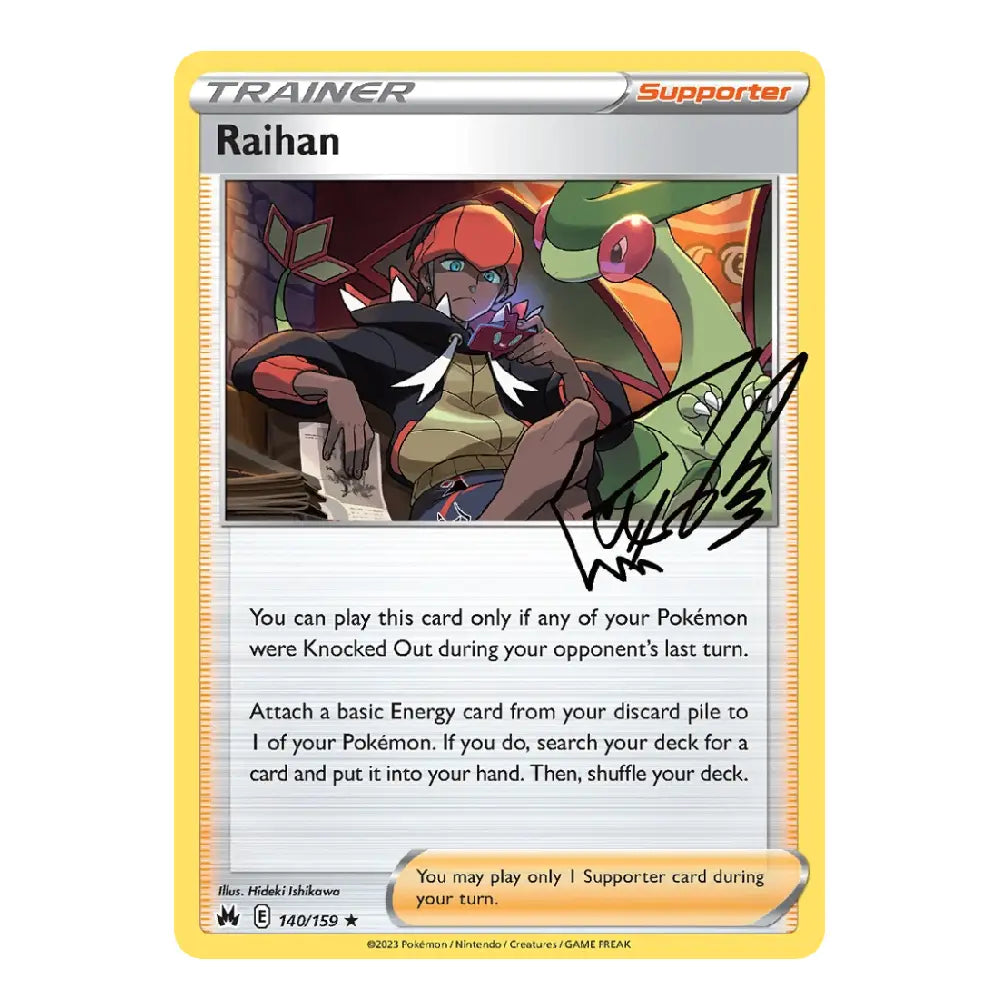 A single Pokémon trading card for Raihan, shown against a plain white background. The card has a yellow border, artwork of a trainer character, and a prominent black autograph printed across the lower-middle area.